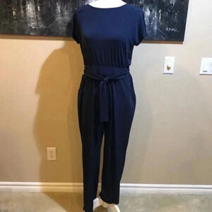 G by Giuliana Navy Blue Deep V Back Tie Waist & Side Pockets Jumpsuit-Size M